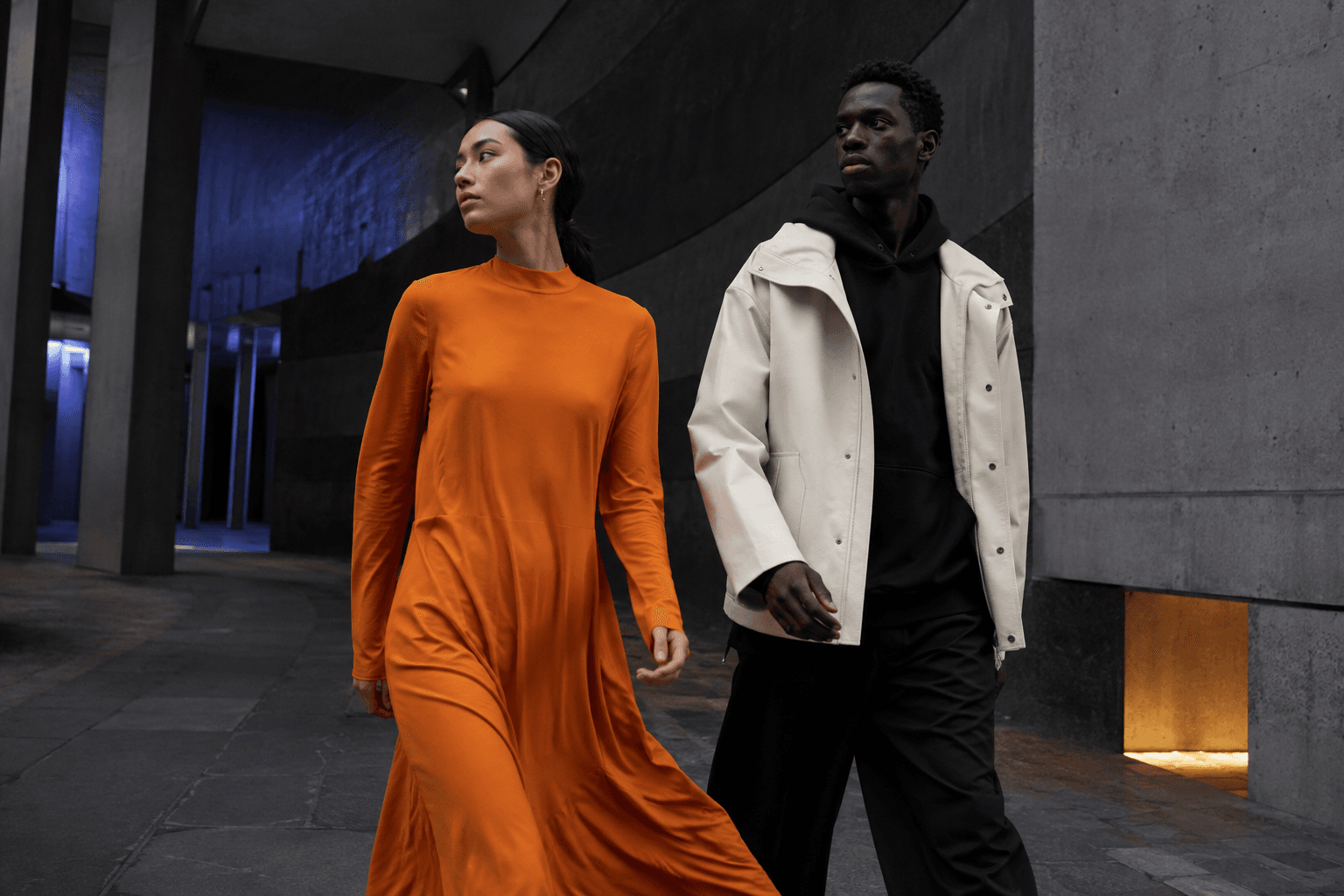 Saforne creative direction: clothing and carry in a city arcade